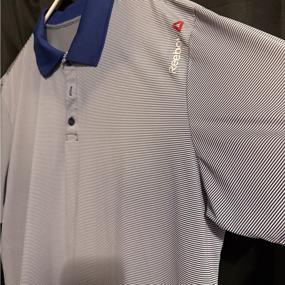 Reebok Men’s Blue and White Micro-Stripe Polo with Royal Blue Collar